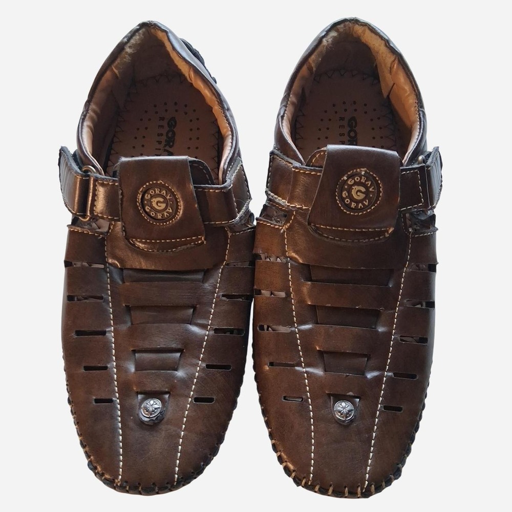 Womens Gorav Respira brown leather sandals with white stitching and detailing